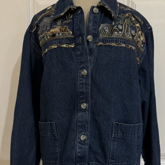 New Directions Denim Jacket Top M L Vintage Safari Animals Embroidery Crop Waist - Picture 1 of 14